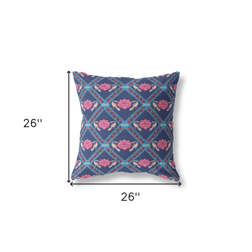 26" X 26" Indigo And Pink Zippered Geometric Indoor Outdoor Throw Pillow