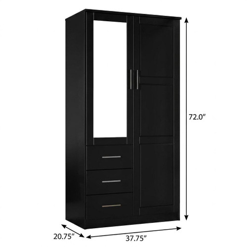 72" Black Solid Wood Mirrored Two Door Three Drawer Combo Dresser
