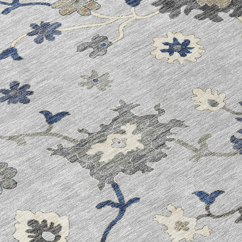 5' X 8' Silver Gray And Taupe Floral Washable Indoor Outdoor Area Rug