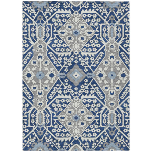 10' X 14' Navy Blue Gray And Ivory Floral Washable Indoor Outdoor Area Rug