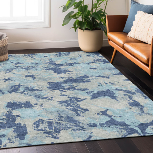 8' X 10' Navy Blue Gray And Aqua Floral Washable Indoor Outdoor Area Rug