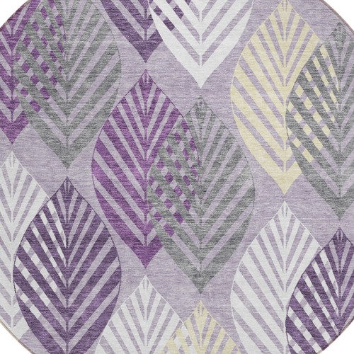 8' Purple Lavender And Beige Round Floral Washable Indoor Outdoor Area Rug