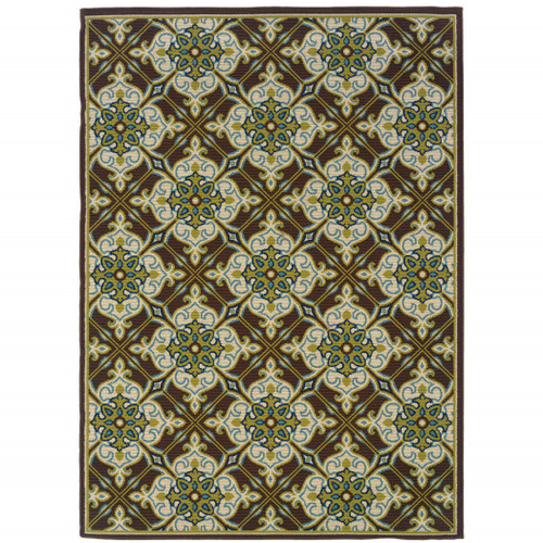 5' X 8' Brown and Ivory Floral Stain Resistant Indoor Outdoor Area Rug