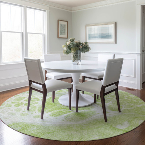 8' Artichoke Green And Ivory Round Nautical Washable Indoor Outdoor Area Rug