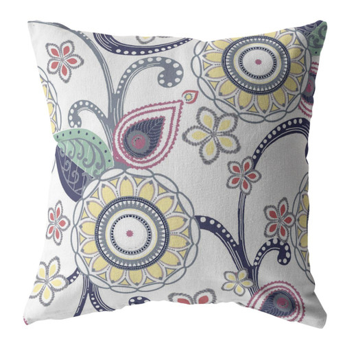 26 White Yellow Floral Indoor Outdoor Zippered Throw Pillow