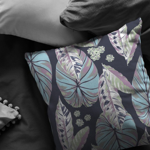 20 Blue Purple Tropical Leaf Indoor Outdoor Zippered Throw Pillow