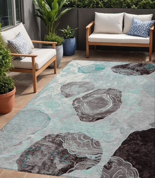 5' X 8' Teal Blue Charcoal And Ivory Floral Washable Indoor Outdoor Area Rug