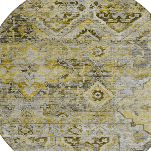 8' Pewter Gray And Gold Round Floral Medallion Washable Indoor Outdoor Area Rug