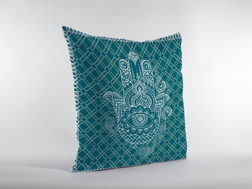 20 Teal White Hamsa Indoor Outdoor Zippered Throw Pillow