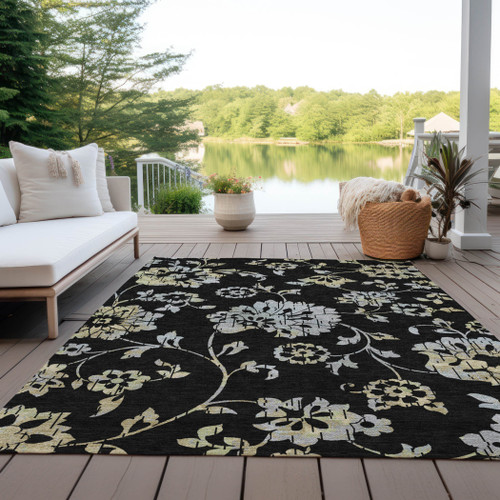 3' X 5' Black Artichoke Green And Silver Floral Washable Indoor Outdoor Area Rug