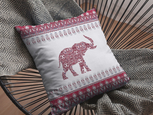28 Red White Ornate Elephant Indoor Outdoor Throw Pillow