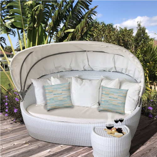 17" Blue and Cream Geometric Indoor Outdoor Throw Pillow