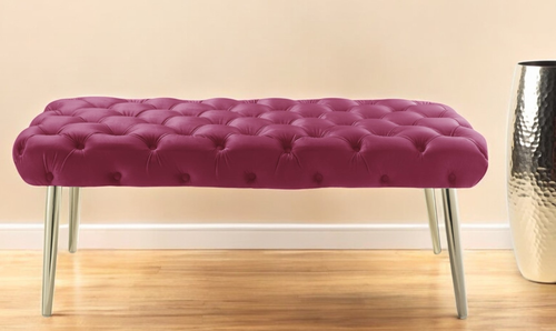 48" Fuchsia and Gold Tufted Velvet Upholstered Bench