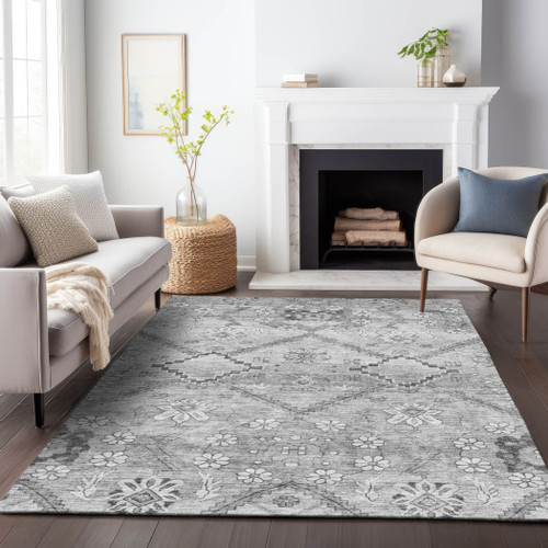 8' X 10' Gray Charcoal And Silver Floral Washable Indoor Outdoor Area Rug