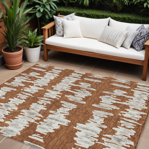 9' X 12' Brown And Gray Striped Washable Indoor Outdoor Area Rug