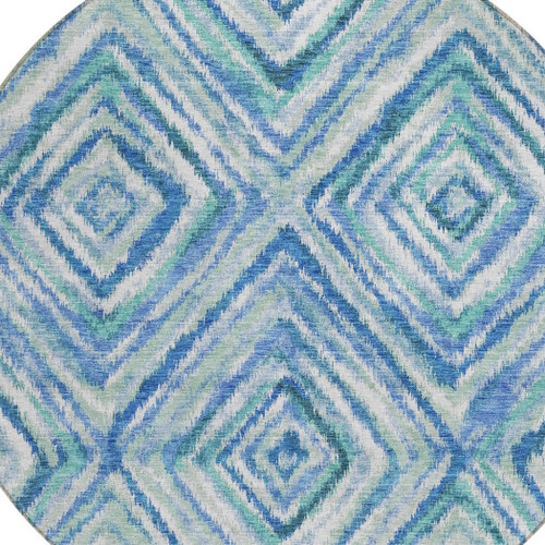 8' Denim Blue And Green Round Geometric Washable Indoor Outdoor Area Rug
