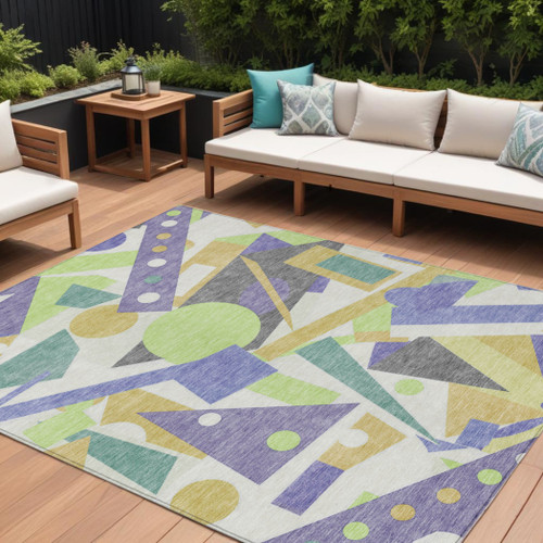 8' X 10' Lavender Gold Lime Green And Ivory Geometric Washable Indoor Outdoor Area Rug