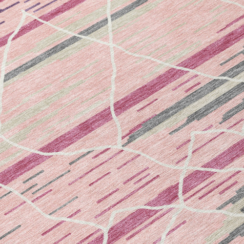 8' Pink Gray And Ivory Round Striped Washable Indoor Outdoor Area Rug