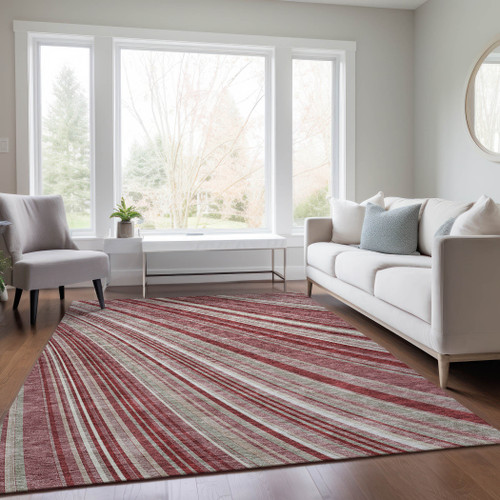 3' X 5' Burgundy Blush And Gray Striped Washable Indoor Outdoor Area Rug