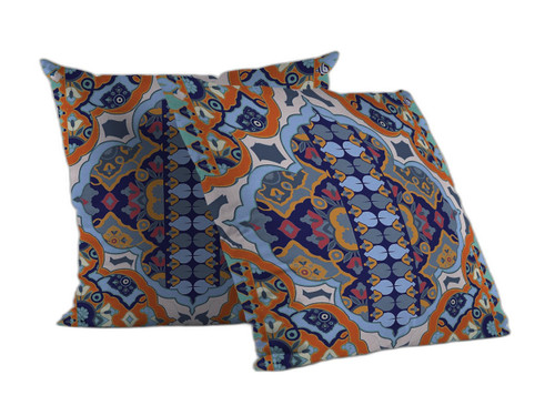 16" Orange Blue Boho Indoor Outdoor Zippered Throw Pillow