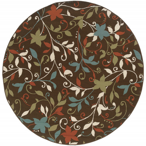 8' X 8' Brown Round Floral Stain Resistant Indoor Outdoor Area Rug