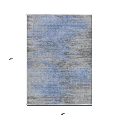 5' X 8' Denim Blue And Sky Blue Abstract Washable Indoor Outdoor Area Rug