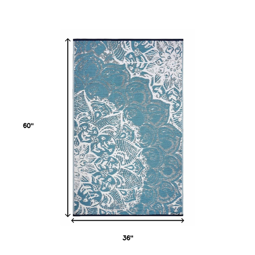 3' X 5' Teal Blue Floral Indoor Outdoor Area Rug