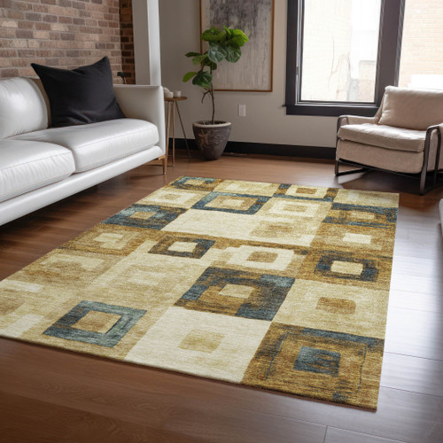 10' X 14' Beige Gold And Denim Blue Geometric Washable Indoor Outdoor Area Rug