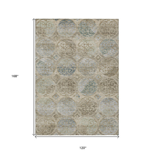 10' X 14' Beige Taupe And Blue Trellis Washable Indoor Outdoor Area Rug