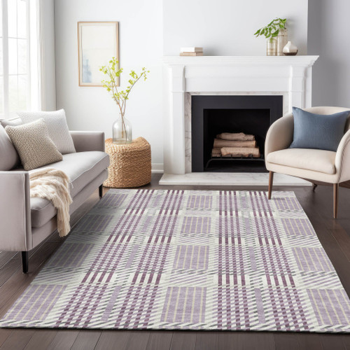 5' X 8' Lavender Ivory And Gray Plaid Washable Indoor Outdoor Area Rug