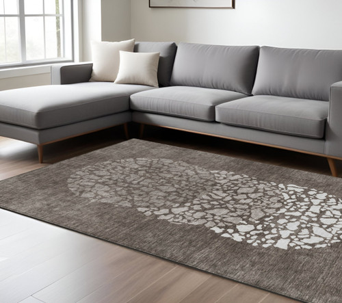 9' X 12' Taupe Brown And Ivory Abstract Washable Indoor Outdoor Area Rug