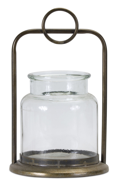 Set of Two Bronze Glass and Metal Tabletop Hurricane Candle Holders