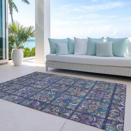 5' X 8' Navy Blue Purple And Teal Blue Medallion Washable Indoor Outdoor Area Rug