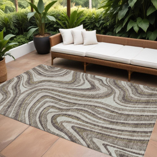9' X 12' Brown Ivory And Taupe Abstract Washable Indoor Outdoor Area Rug
