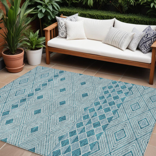 10' X 14' Teal Blue And Aqua Geometric Washable Indoor Outdoor Area Rug