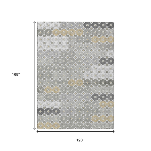 10' X 14' Gray Beige And Ivory Floral Washable Indoor Outdoor Area Rug