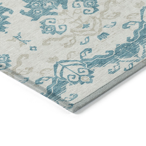 10' X 14' Teal Blue Silver And Gray Oriental Washable Indoor Outdoor Area Rug