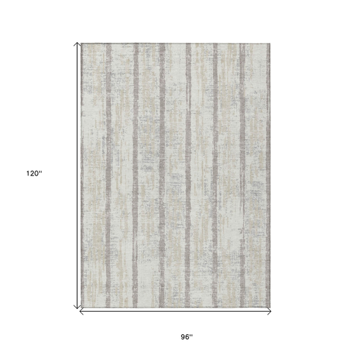 8' X 10' Ivory And Brown Striped Washable Indoor Outdoor Area Rug