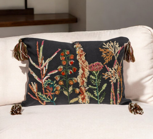 14" X 20" Brown and Black Cotton Throw Pillow With Tassels