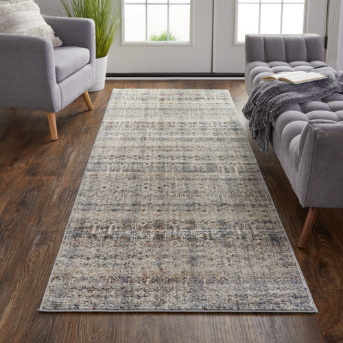 12' Gray Ivory and Blue Abstract Power Loom Worn Faded Runner Rug With Fringe