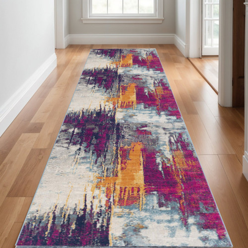 11' Purple Orange And Gray Abstract Runner Rug
