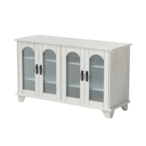 45" White Ribbed Textured Glass And Wood Enclosed Storage TV Stand