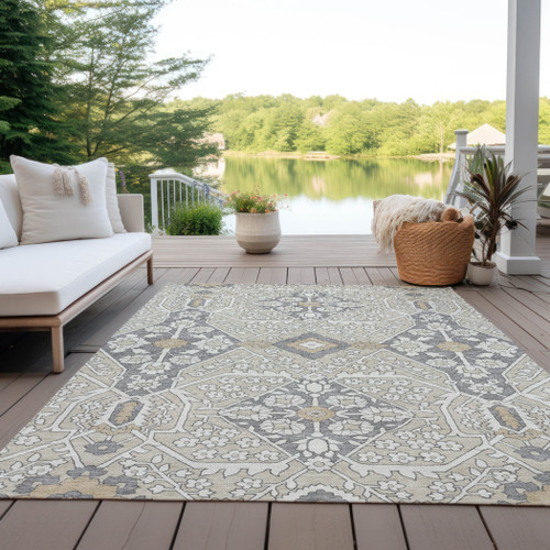 8' X 10' Beige Ivory And Gray Floral Washable Indoor Outdoor Area Rug