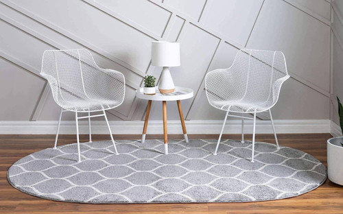 8x10 feet Grey Ivory Trellis Modern Stripe Oval Area Rug