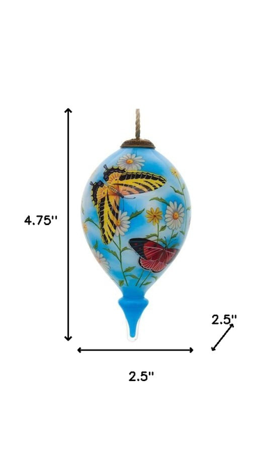 Daisy Delight and Butterflies Hand Painted Mouth Blown Glass Ornament