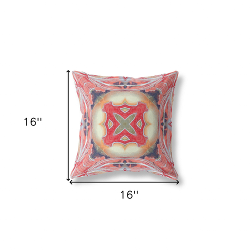 16" X 16" Pink Peach Red Geometric Zippered Suede Throw Pillow