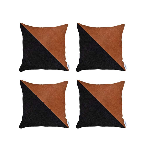 Set of Four 18" Brown And Black Faux Leather And Fabric Throw Pillow Covers