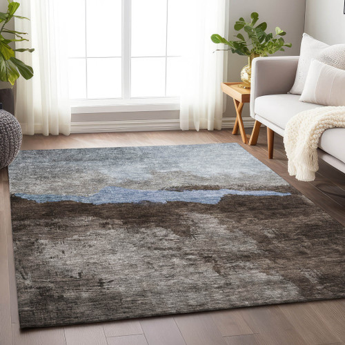 9' X 12' Chocolate Gray And Blue Abstract Washable Indoor Outdoor Area Rug
