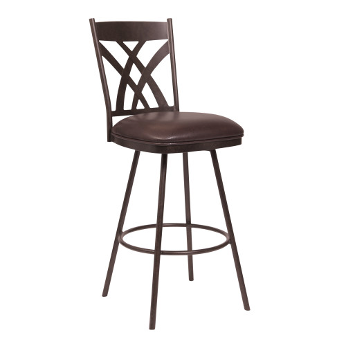 Homeroots Living Room 26" Stylish Brown Faux Leather Brown Metal Lattice Back Swivel Bar Stool