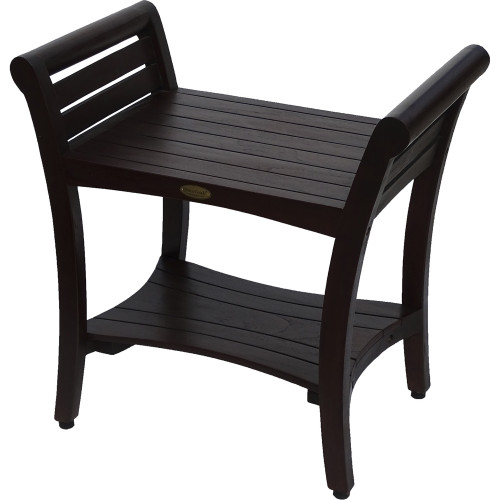 Homeroots Outdoor Contemporary Teak Shower Bench with Handles, Dark Brown Finish